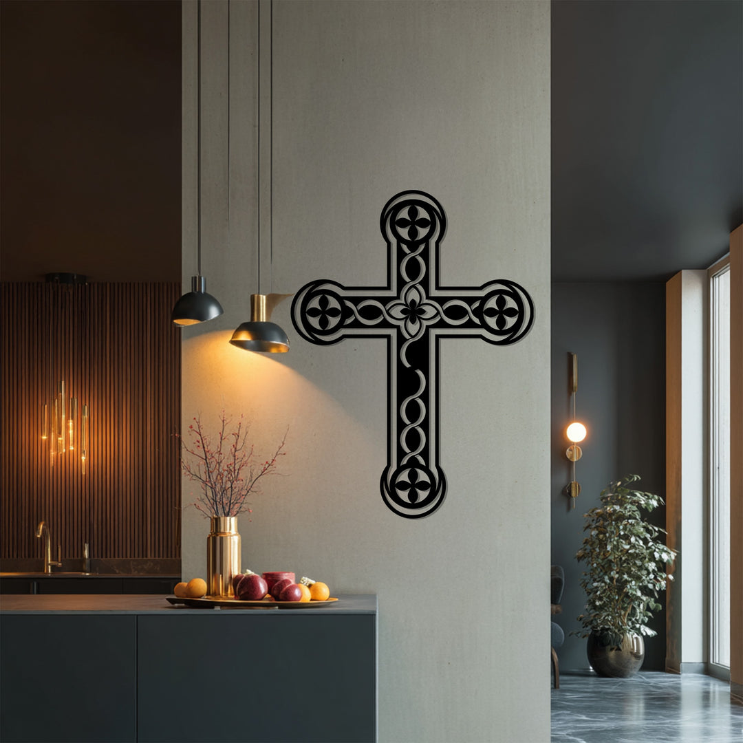 زهرة أبدية – صليب زهري أسود فن جداري معدني