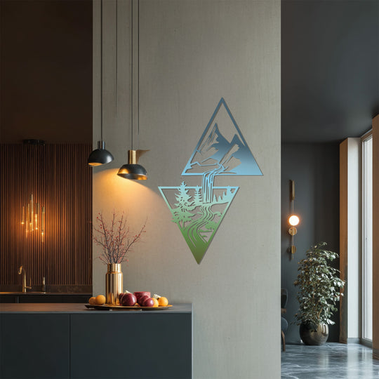 Defined by its crisp edges, the decorative metal art featuring a geometric mountain river flow design adds a striking focal point to the wall space.