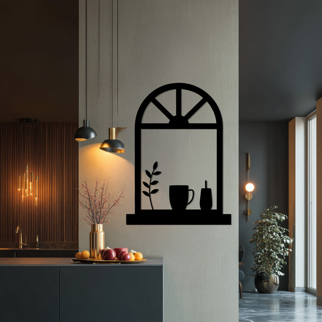 Cozy Window Scene – Coffee Mug & Plant Metal Wall Art