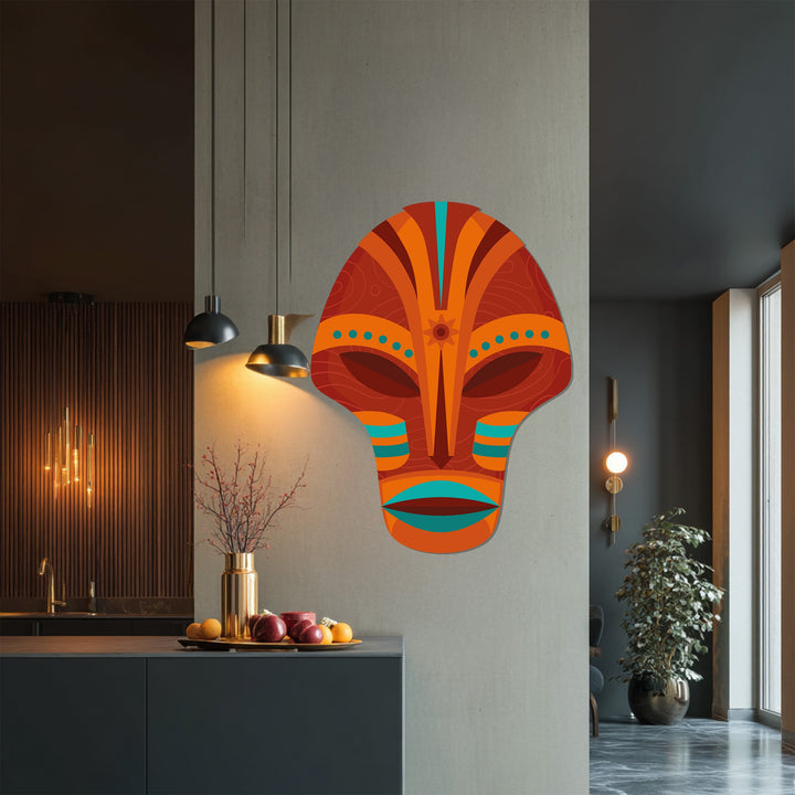 Bold geometric tribal face wall sculpture