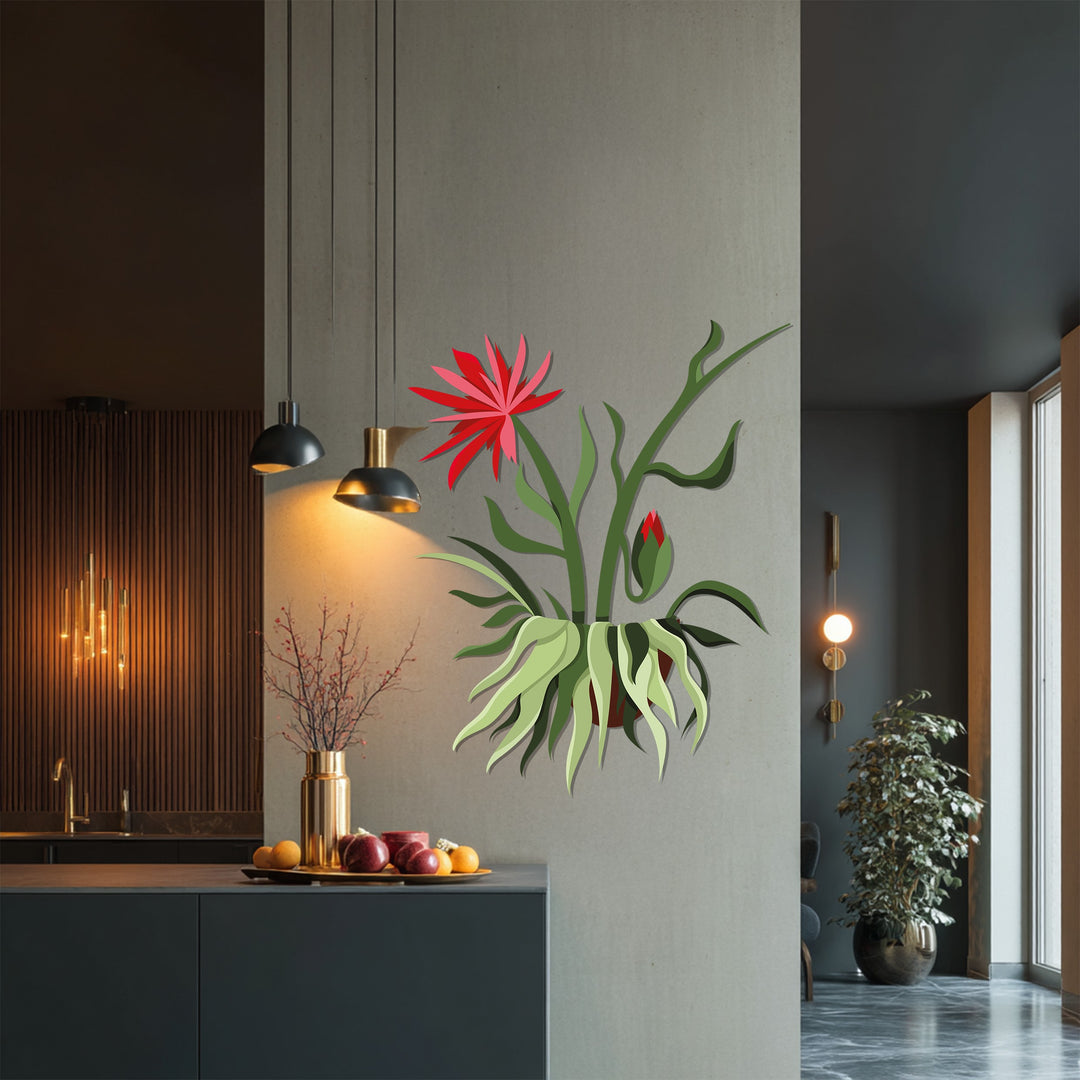 Red Bloom Hanging Plant Metal Wall Art – Botanical Modern Wall Decor