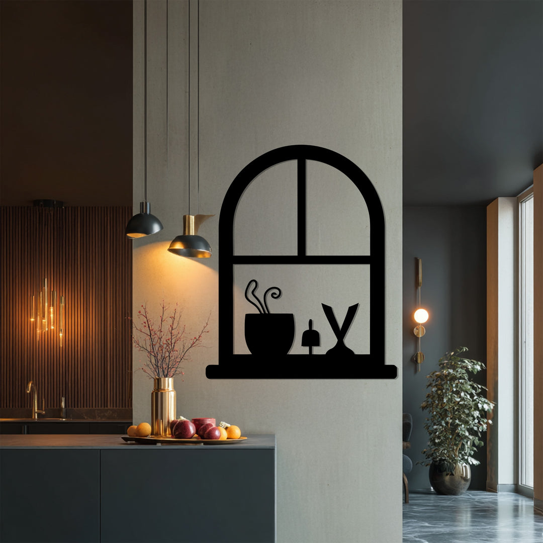 Arched Window Frame with Potted Plant – Minimalist Metal Wall Art Decor