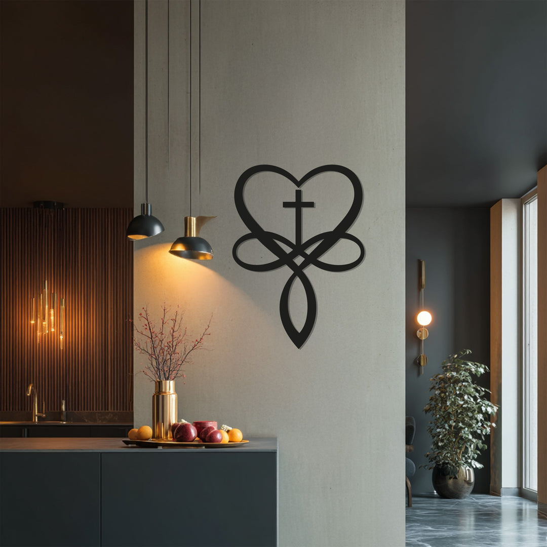Heart Cross Metal Wall Art – Black Religious Wall Sculpture