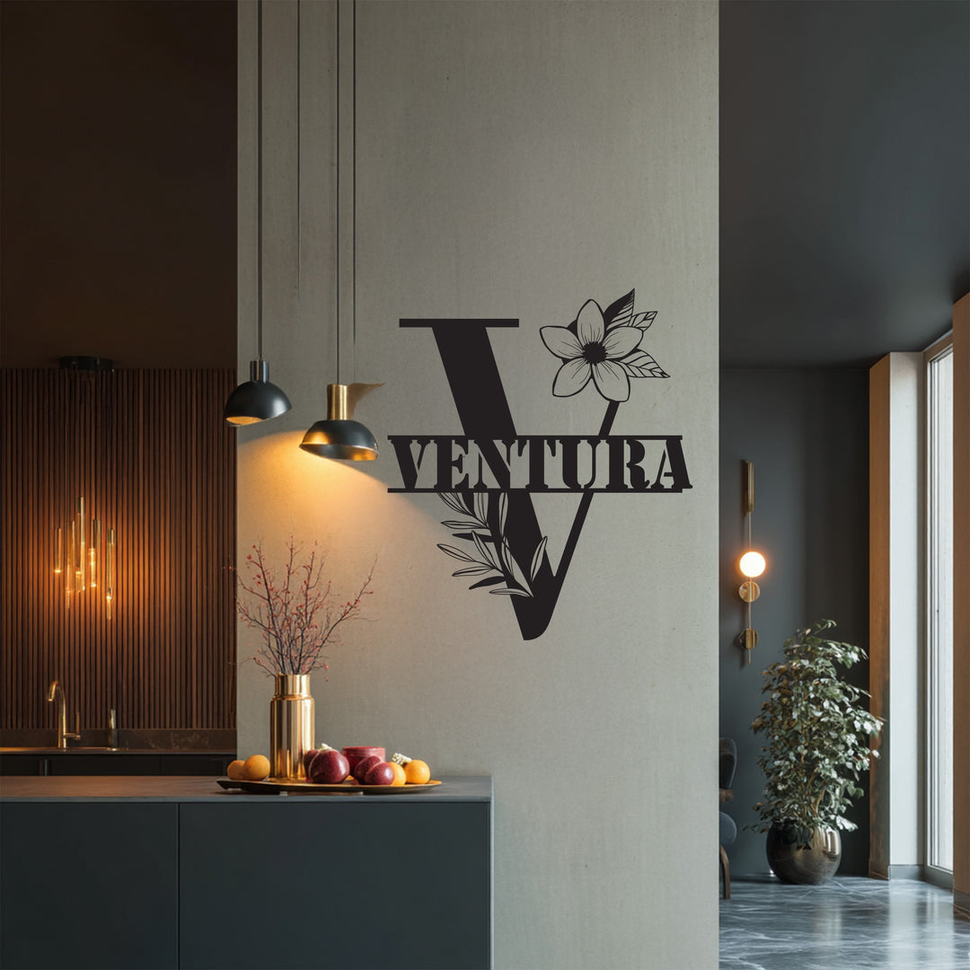 Elegant family name wall art with botanical design