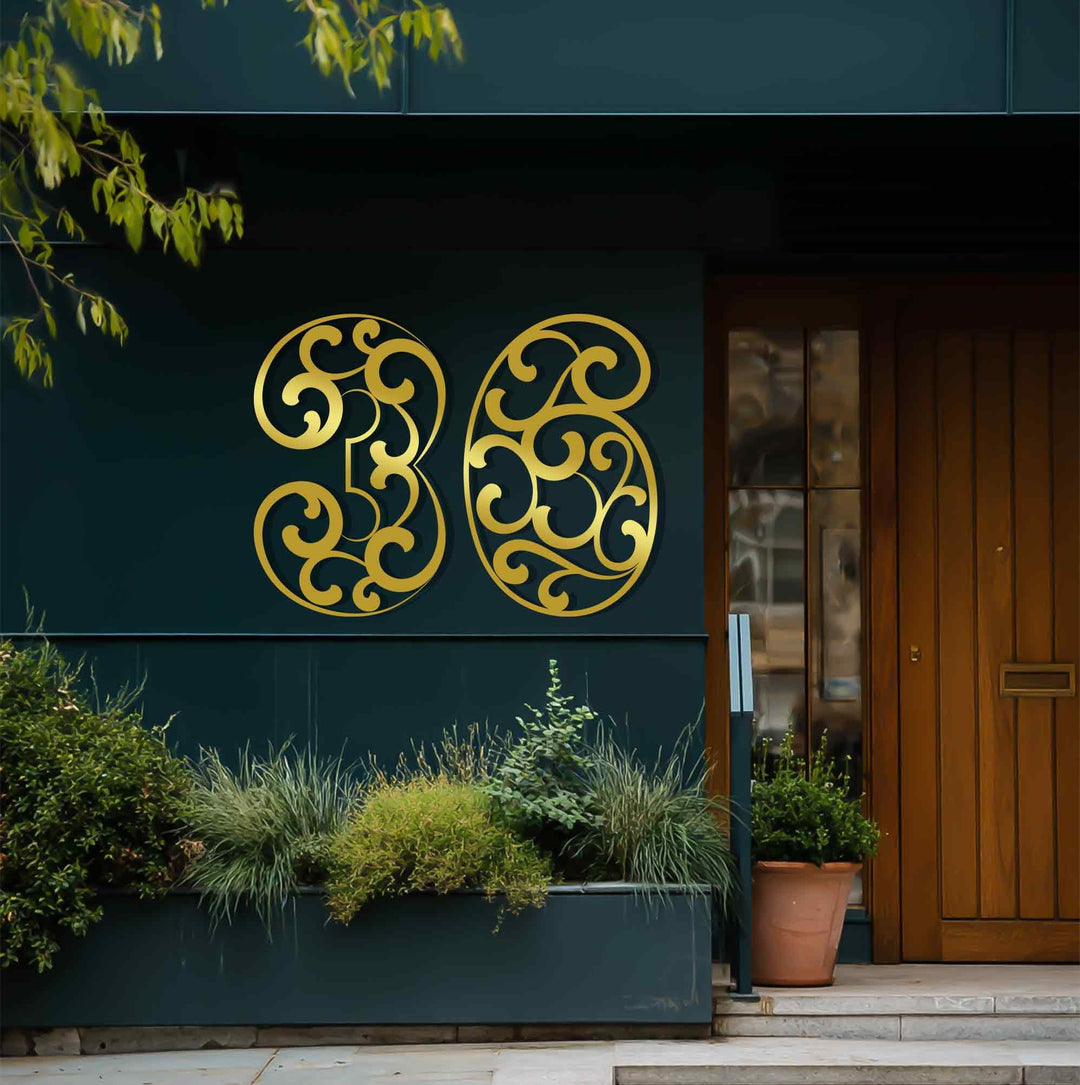 Elegant scroll metal house numbers outdoor