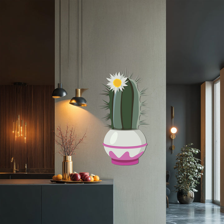 Highlighted is the blossom crown cactus, a vibrant piece of botanical metal wall decor adding a touch of modern elegance to the room's focal point.