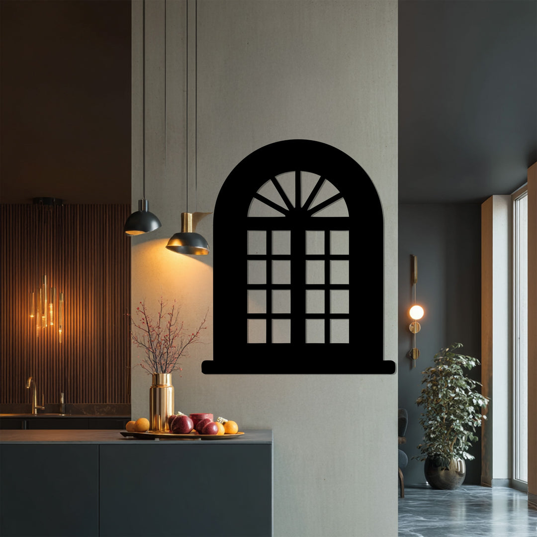 Classic Arched Window – Geometric Grid Metal Wall Art