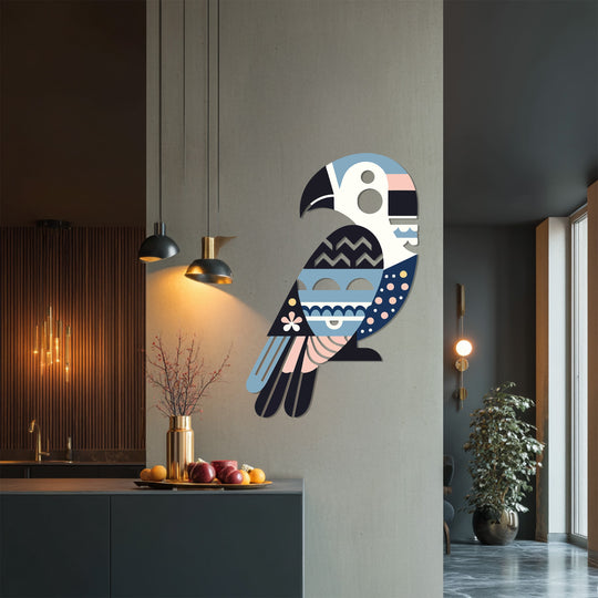 Behind geometric parrot metal art for wall, a modern kitchen features dark cabinetry complemented by rich wood paneling and elegant, hanging pendant lights.