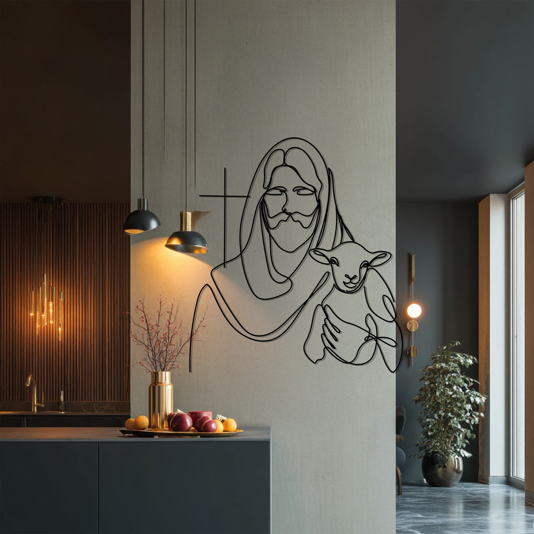 Jesus with Lamb – Minimalist Christian Metal Wall Art