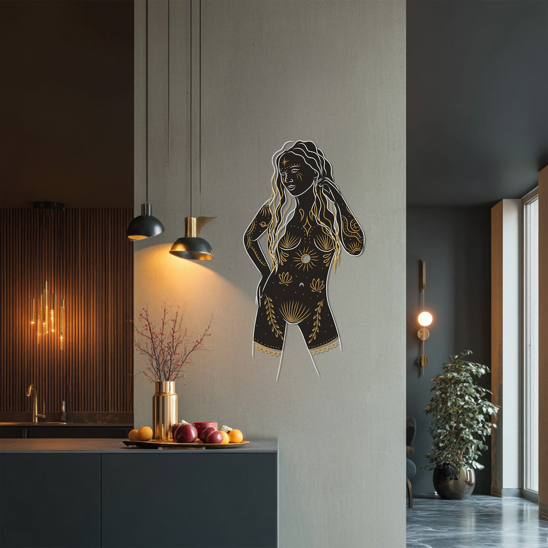 Elegant black and gold goddess metal wall sculpture