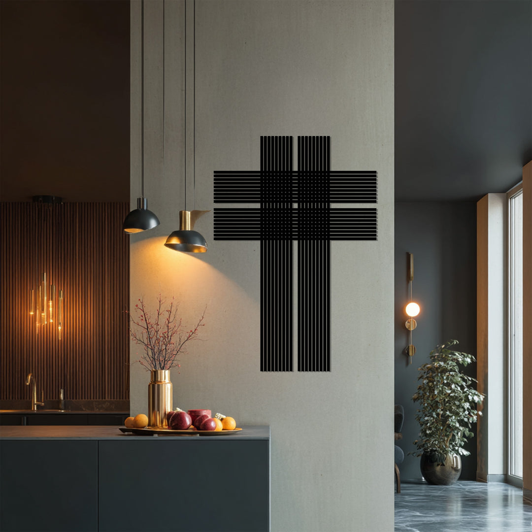 التوازن السماوي – صليب فضي خطي فن جداري معدني