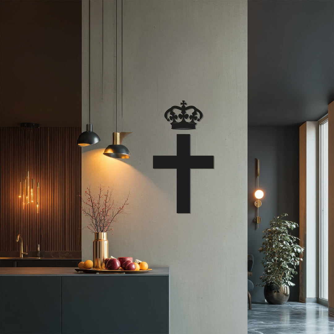 Cross with Crown Metal Wall Art – Black Religious Wall Sculpture
