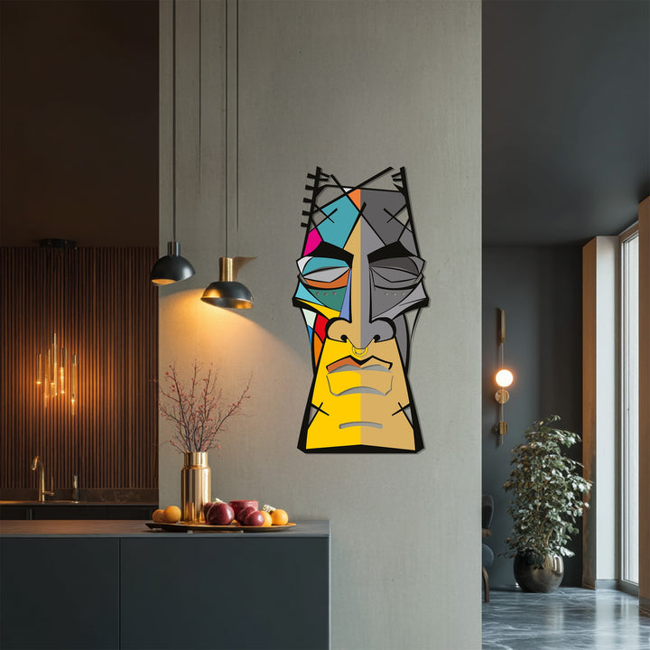 Modern geometric abstract face art — colorful metal wall décor for living room