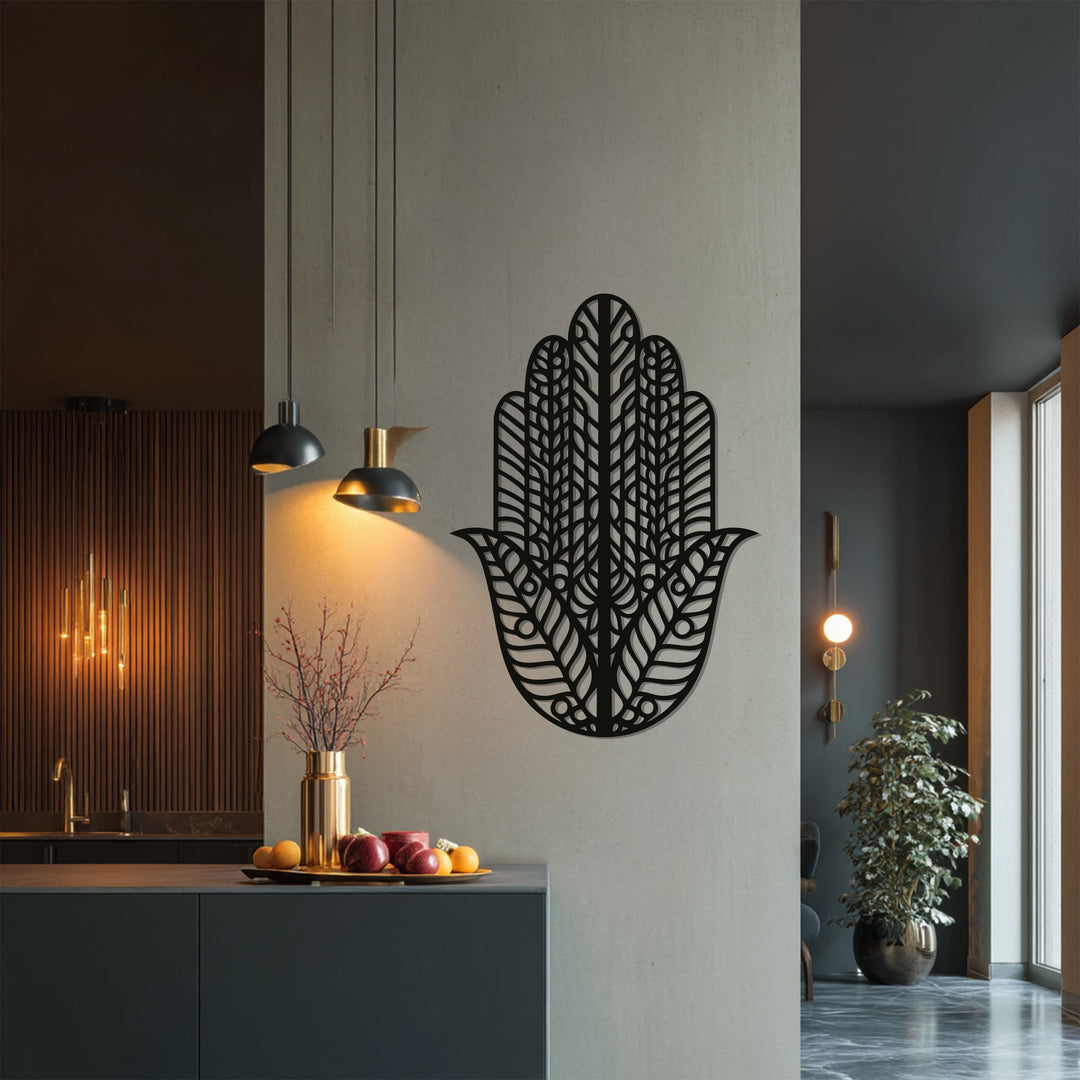 Geometric Hamsa design metal wall hanging in black