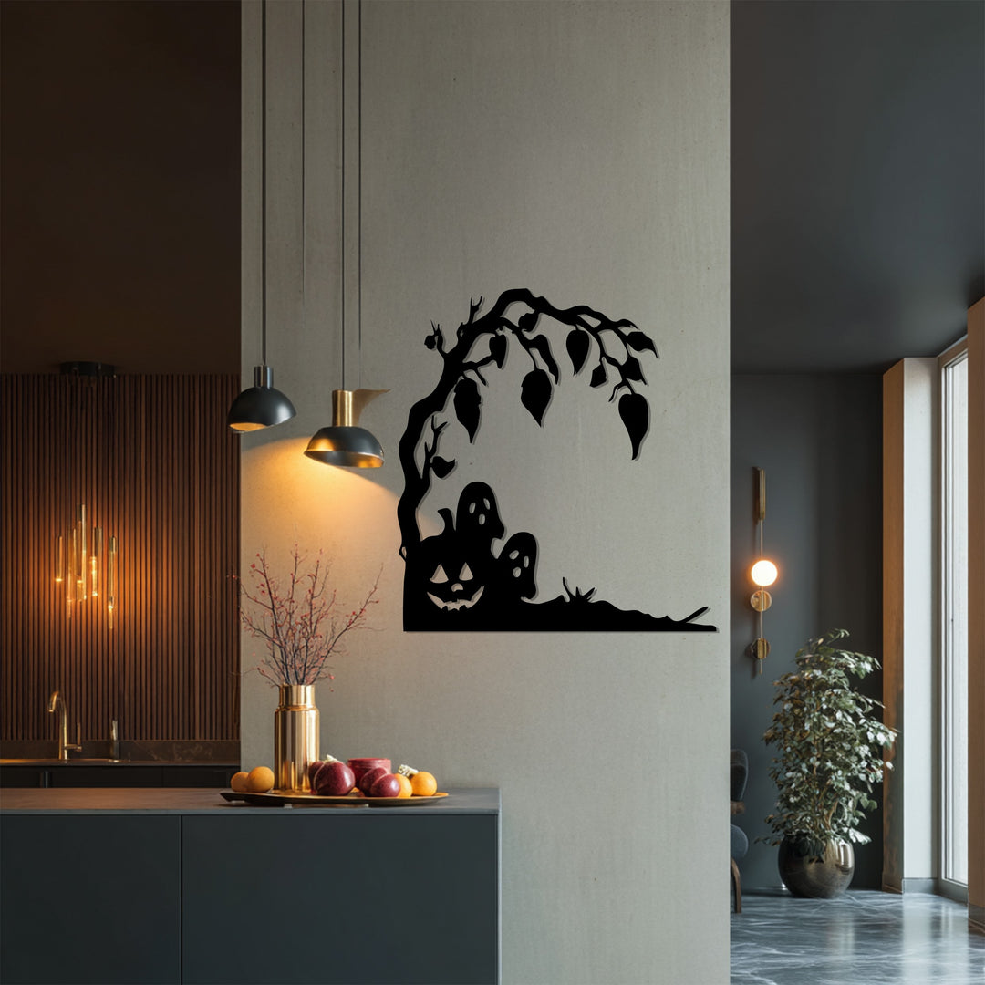 Haunted Pumpkin & Ghosts Metal Wall Art – Spooky Halloween Décor