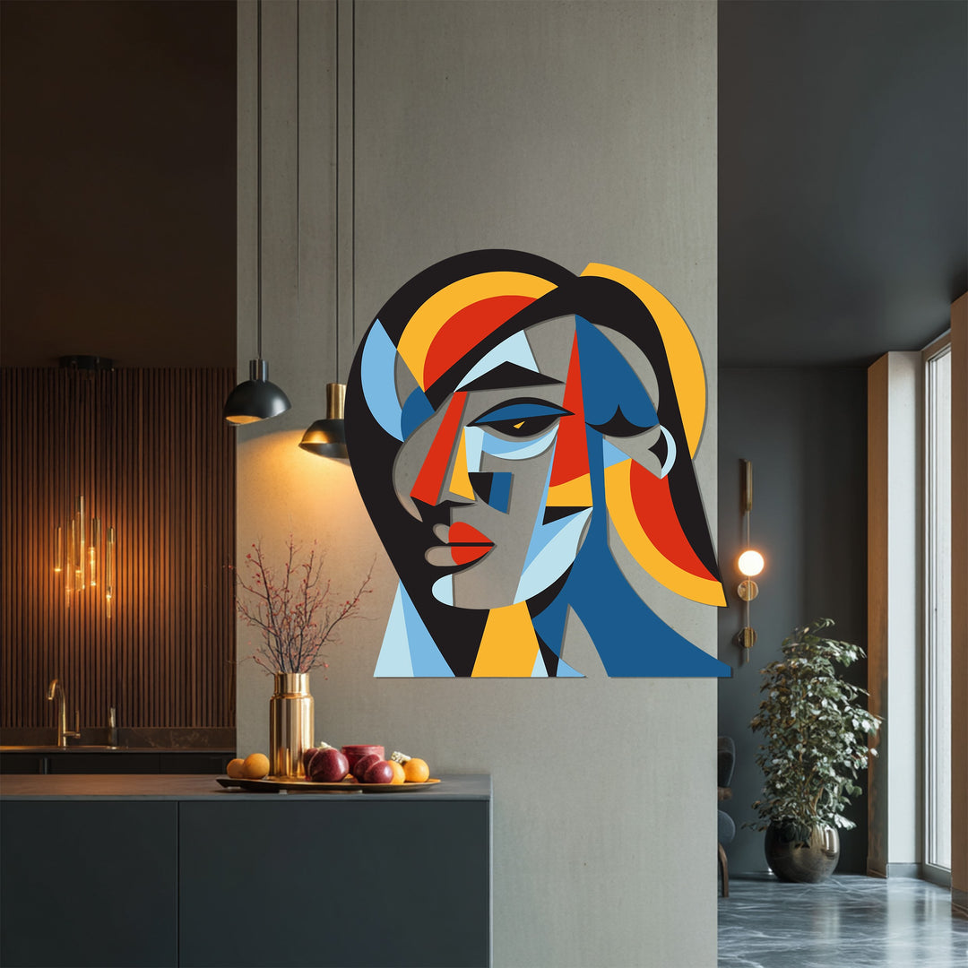 Geometric abstract woman art in vivid blue, red, and yellow tones — luxury metal wall sculpture