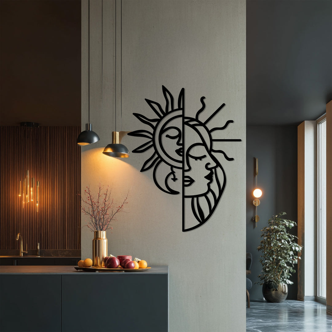 Celestial Harmony – Sun and Moon Face Metal Wall Art