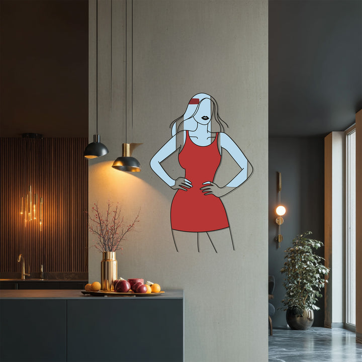 Modern feminine figure metal wall decor in red and blue tones
