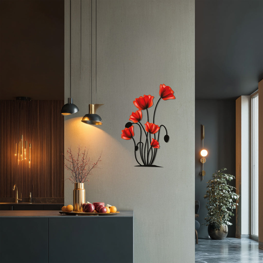 Red Poppy Flowers Metal Wall Art – Modern Floral Botanical Wall Decor