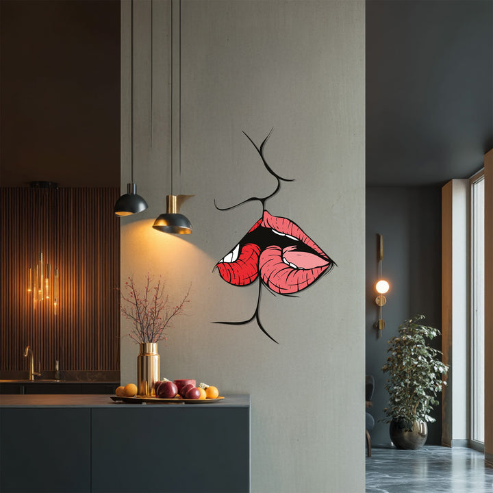 Romantic modern metal wall decor featuring kissing lips artwork
