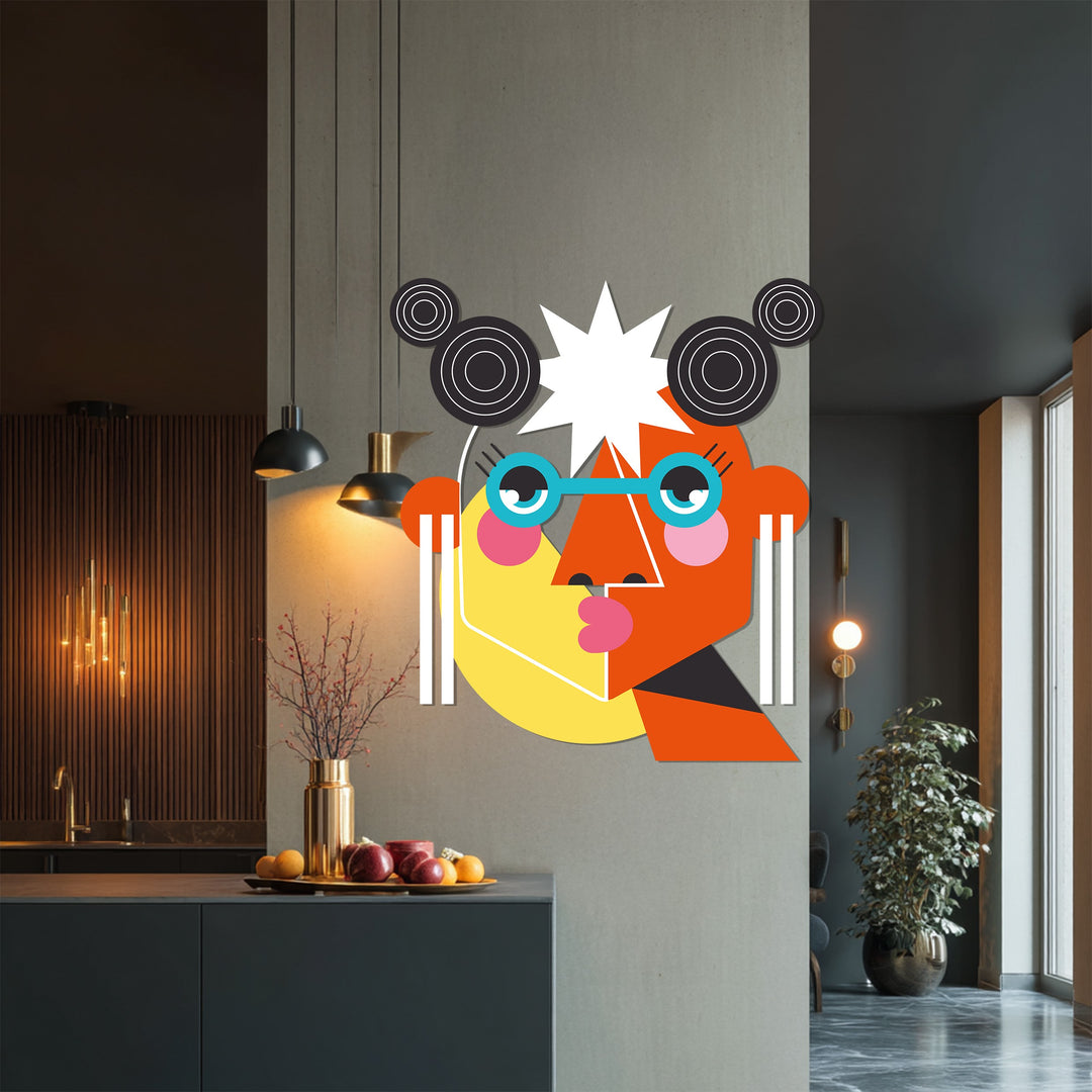 Geometric pop art metal wall art of a woman’s face