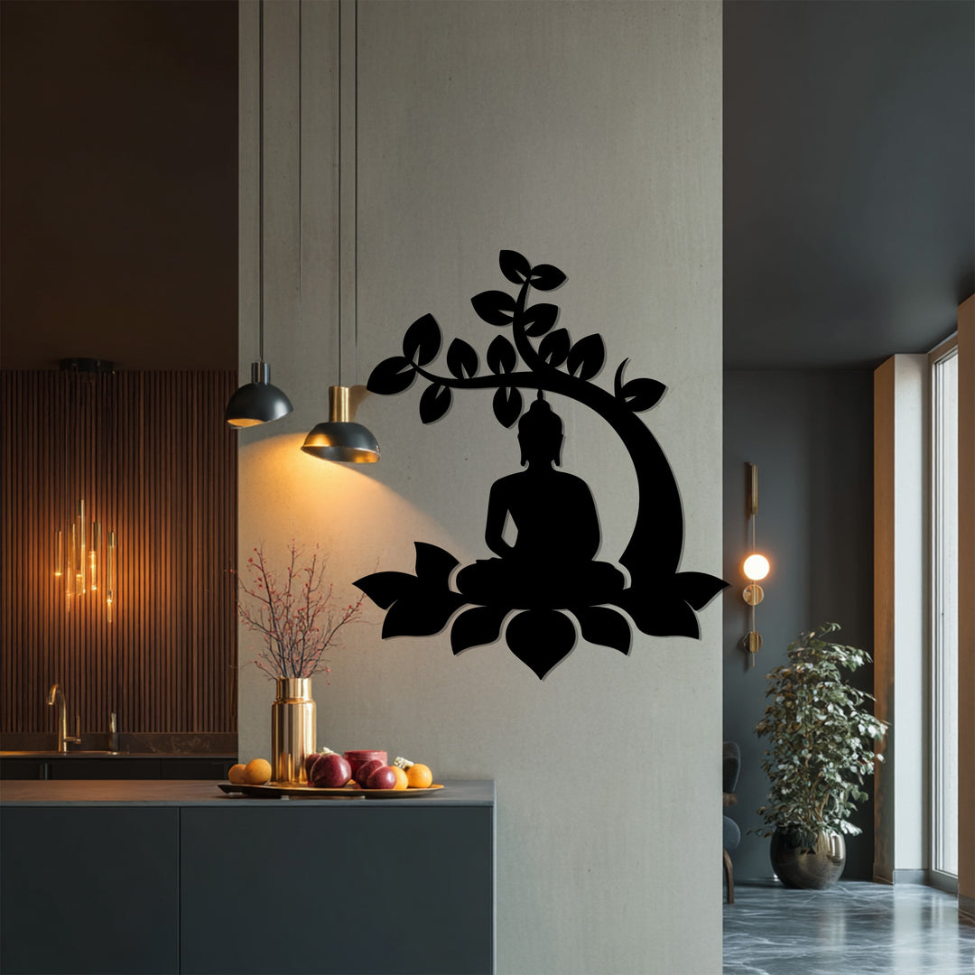 Bodhi Tree Buddha Metal Wall Art – Meditative Lotus Silhouette