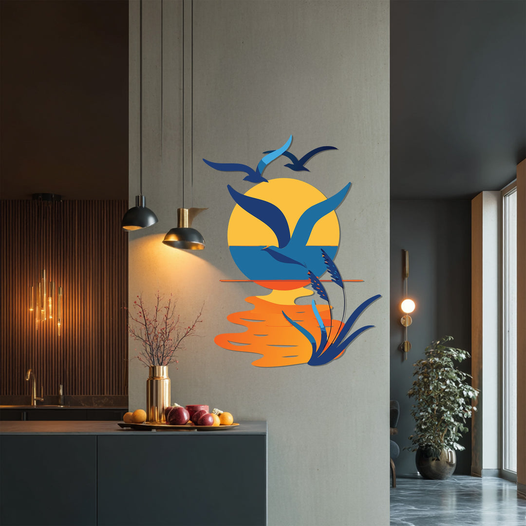 Blue and orange seaside metal artwork