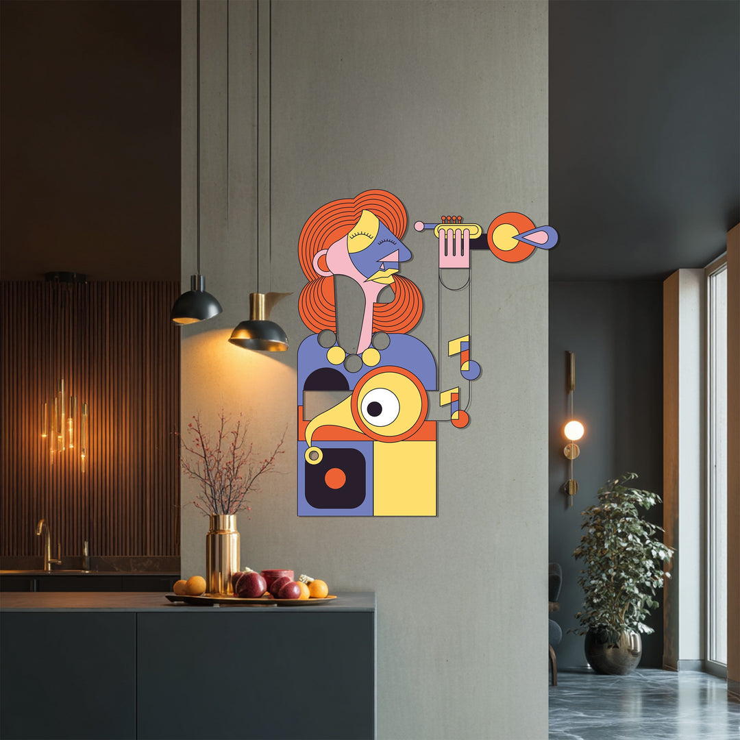 Cubist Woman with Trumpet Metal Wall Art – Abstract Musical Expression Decor