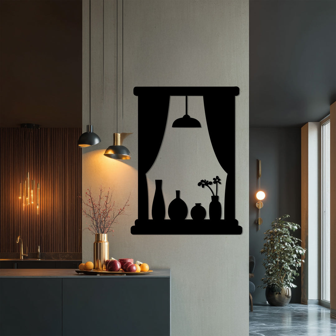 Window Scene with Vases and Lamp – Modern Metal Wall Art Decor