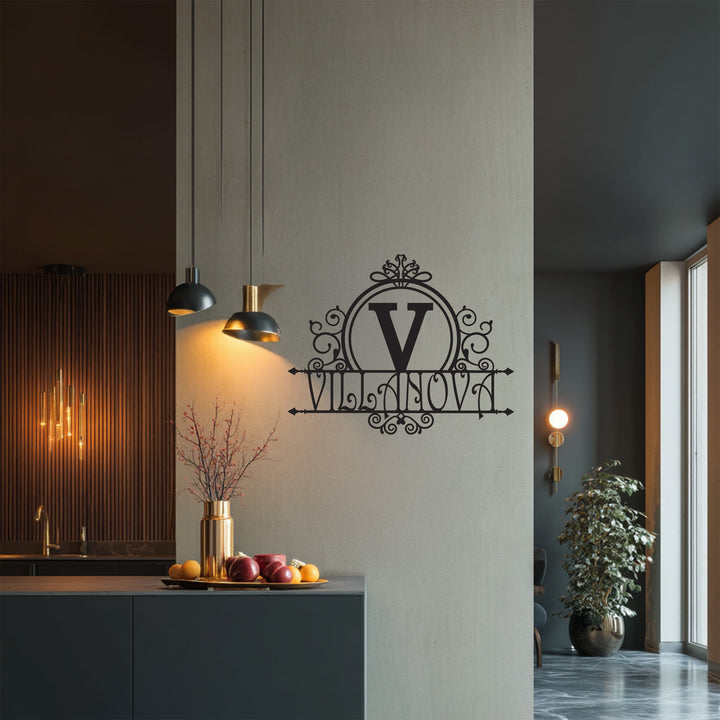 White ornamental letter N family wall sign