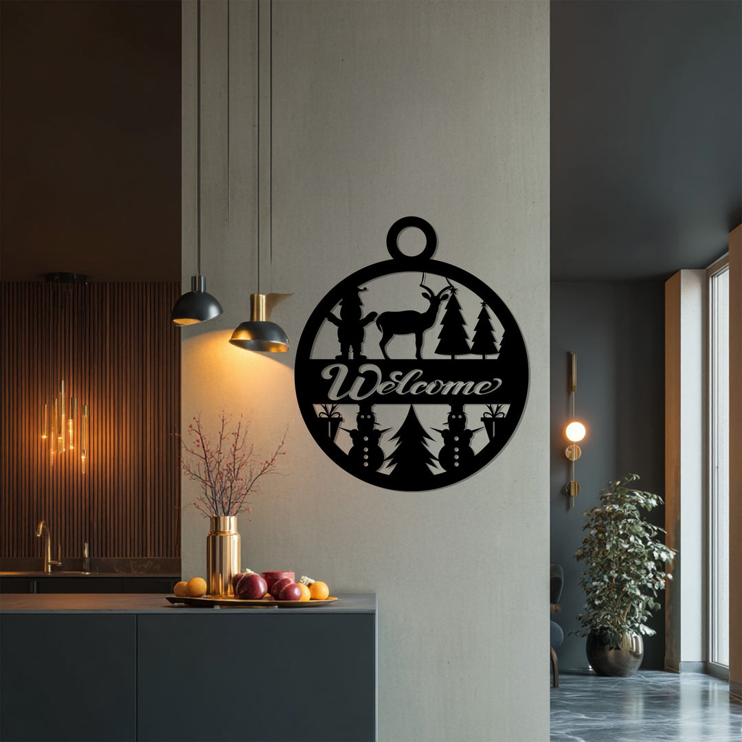 ترحيب احتفالي – غزال عيد الميلاد ورجل الثلج فن جداري معدني