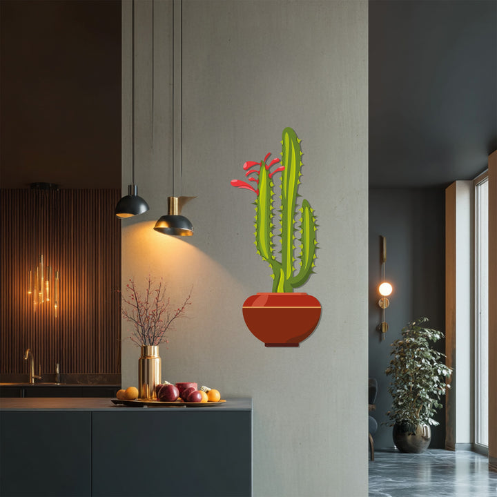 Standing out as the loudest element, a playful decoration wall art rendition features a potted cactus with red blooms, enhancing a modern kitchen space.