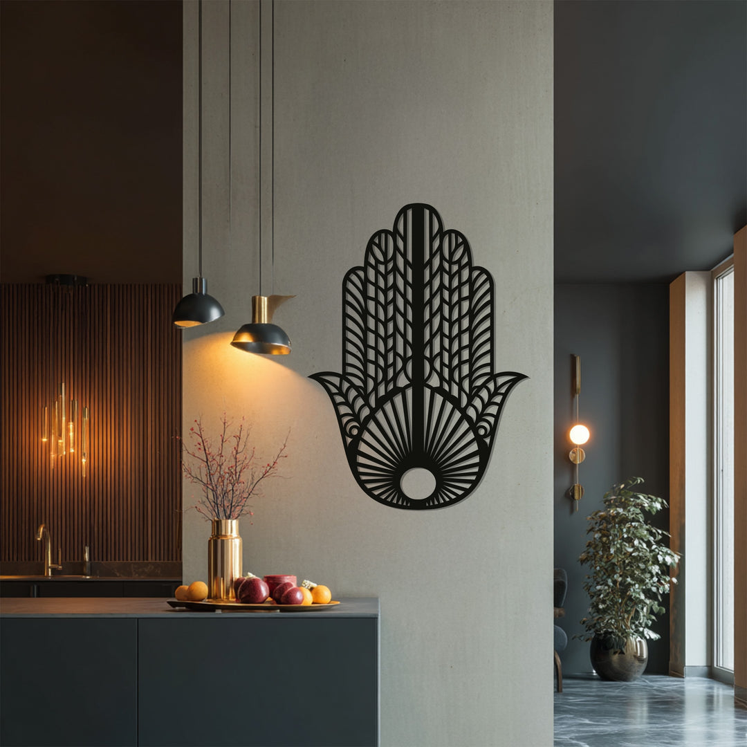 Hamsa Hand Metal Wall Art – Black Symbolic Wall Sculpture