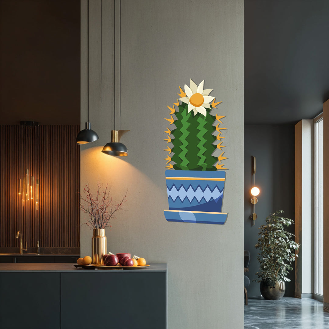 Seen in the background of this unique metal wall art is a sleek, modern kitchen space with dark wood paneling and minimalist lighting fixtures.