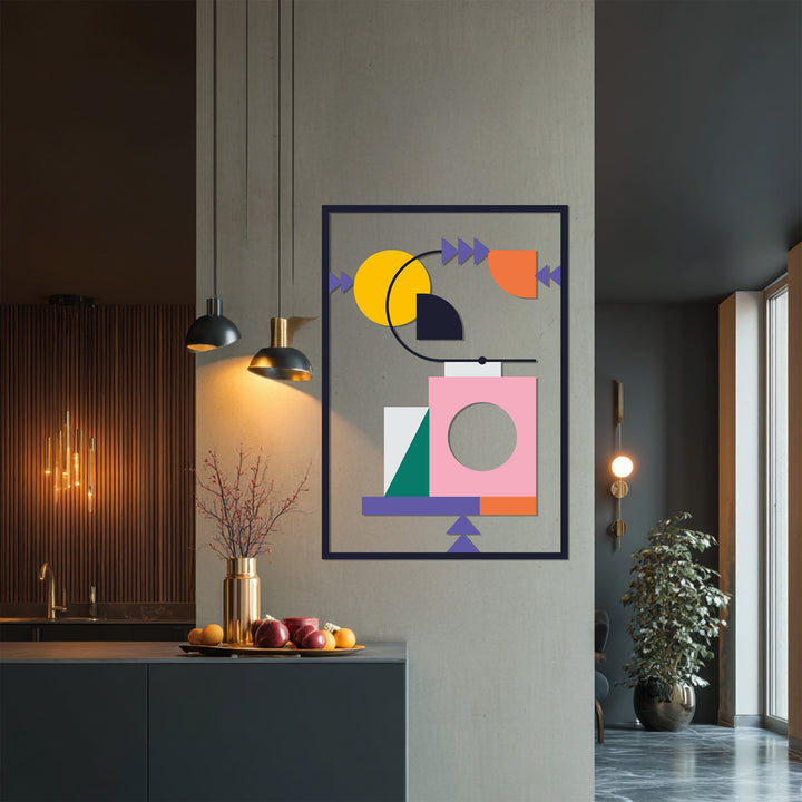 Contemporary metal artwork featuring pink, yellow, and navy shapes