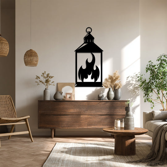 The stillness of the room is captured with the modern flame lantern, a piece of decorative metal art, hanging above the wooden cabinet, illuminating the simplistic Islamic wall decor.