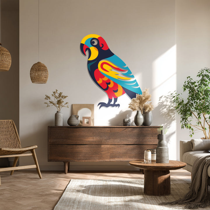 Colorful bird-inspired metal wall decor for modern interiors