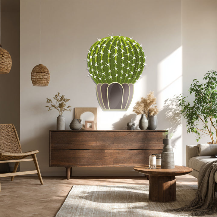 The foreground detail showcases a unique metal wall art design of a prickly sphere cactus, a distinctive home decor element adding a minimalist desert touch.