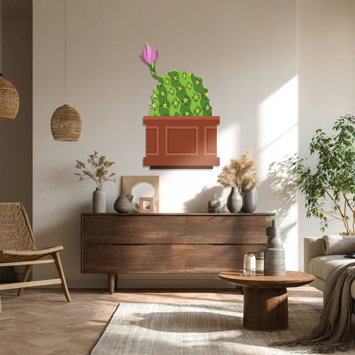 Blooming pink cactus metal art for wall decoration is displayed as the central subject, enhancing the modern botanical wall decor in the space.