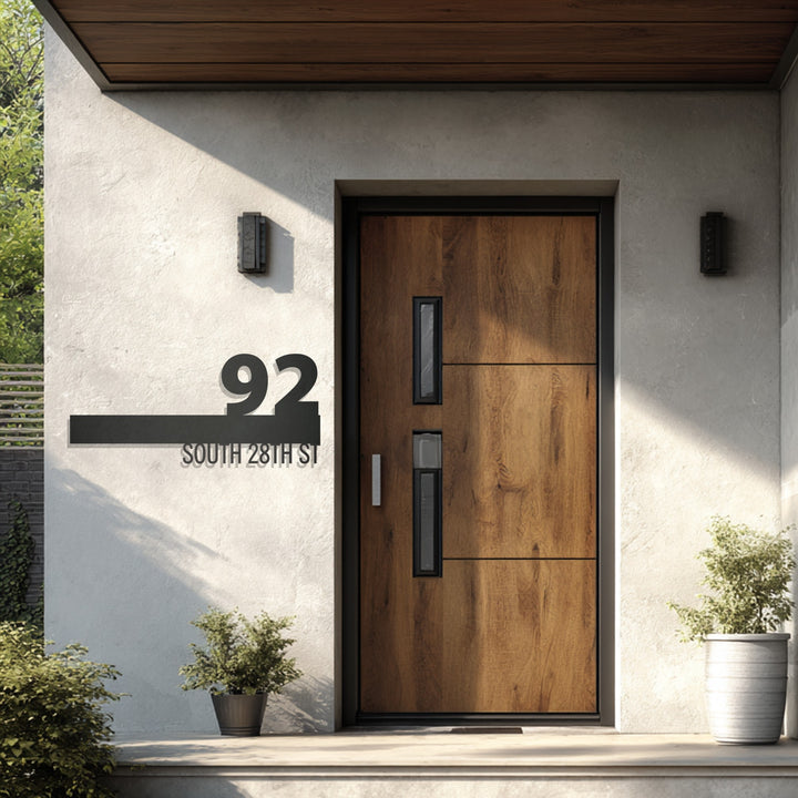 Sleek metal address sign with street name