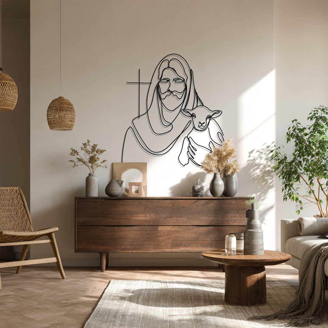 Jesus with Lamb – Minimalist Christian Metal Wall Art