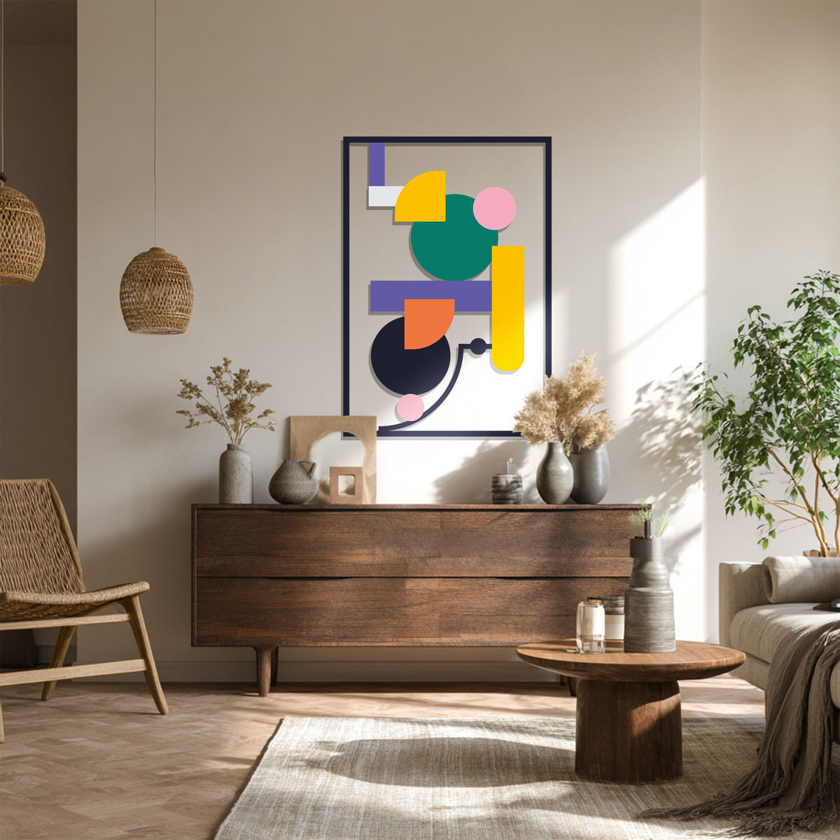 Calming, neutral tones evoke a peaceful mood with this geometric metal art for wall, adding a touch of colorful, modern abstraction to the serene interior.