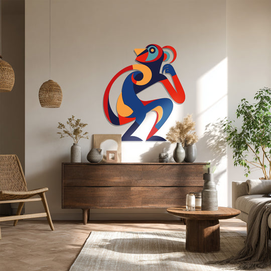 The focal point is a colorful playful abstract monkey expressed through modern animal metal artwork adding a touch of vibrant personality to the room's contemporary decor.