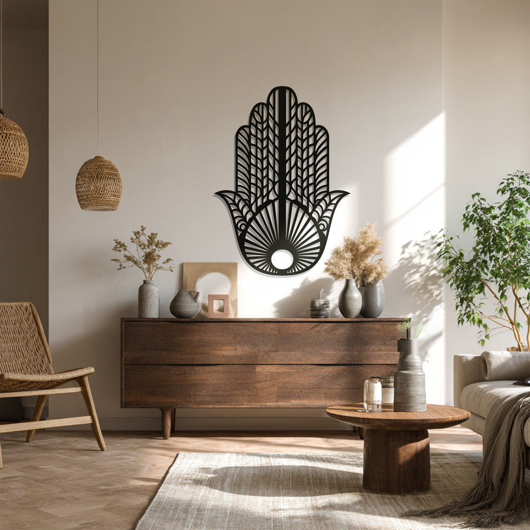 Hamsa Hand Metal Wall Art – Black Symbolic Wall Sculpture
