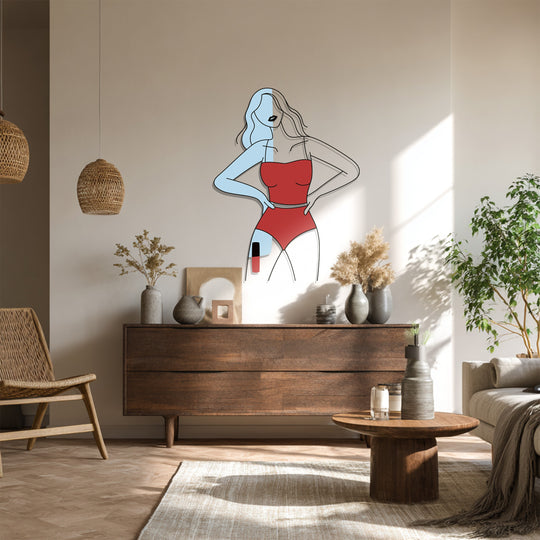 Modern feminine figure metal wall decor in blue and red tones