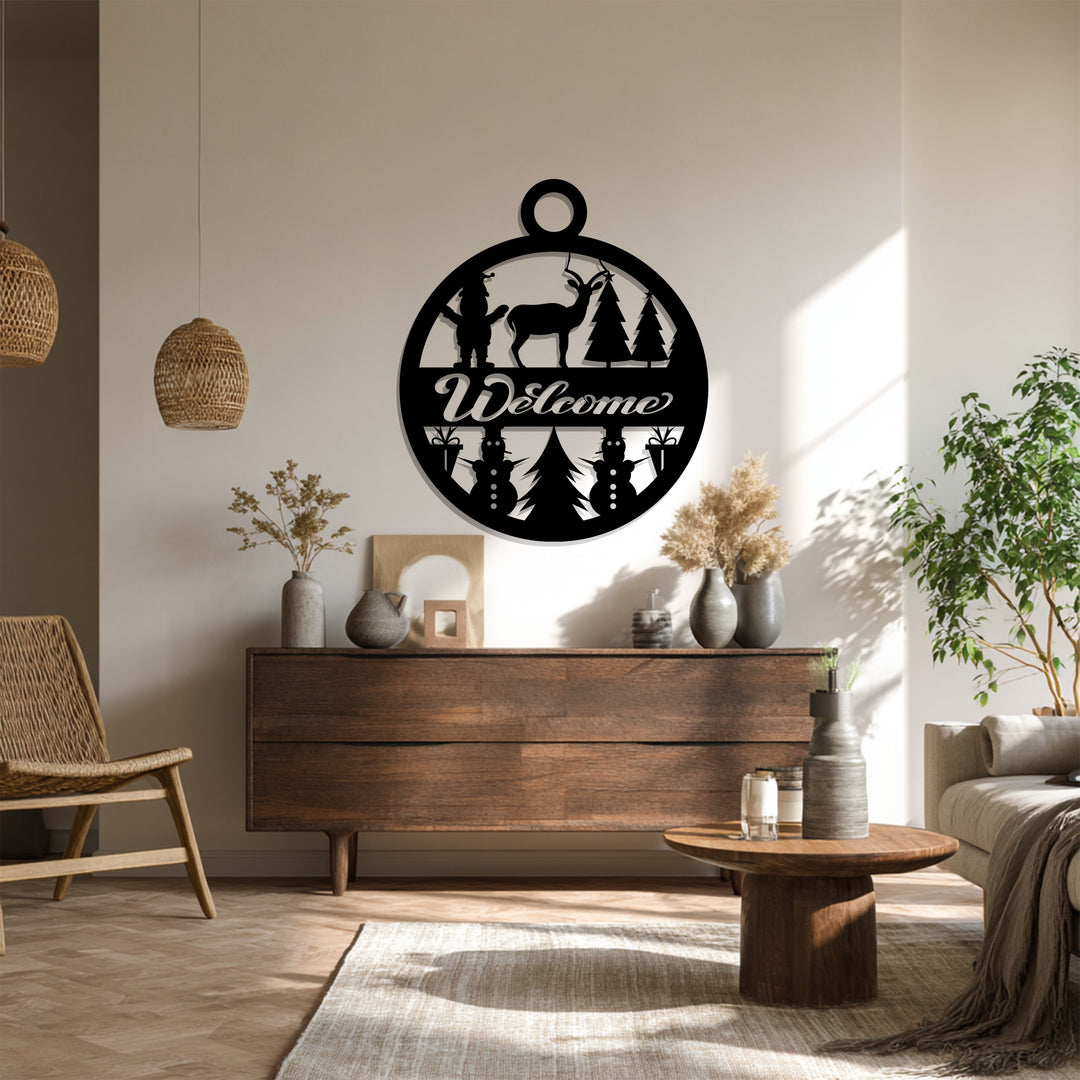 ترحيب احتفالي – غزال عيد الميلاد ورجل الثلج فن جداري معدني