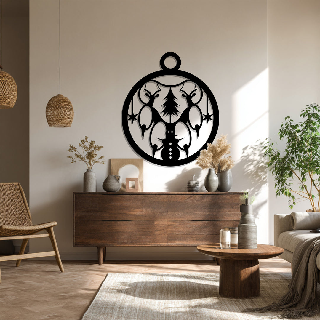 تناغم الشتاء – عيد الميلاد مع الرنة ورجل الثلج فن جداري معدني