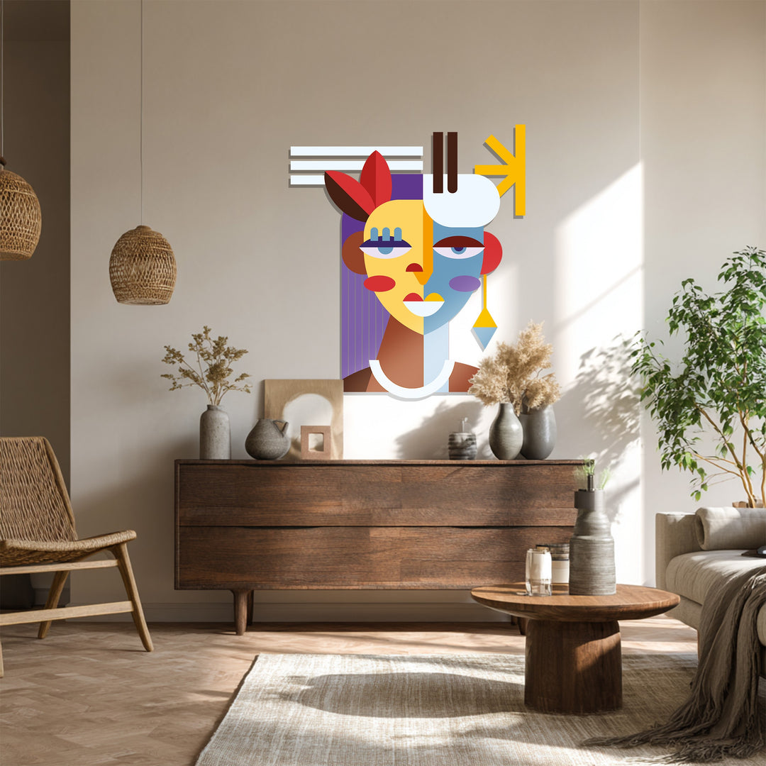Abstract Woman Face Metal Wall Art – Colorful Modern Cubist Home Decor