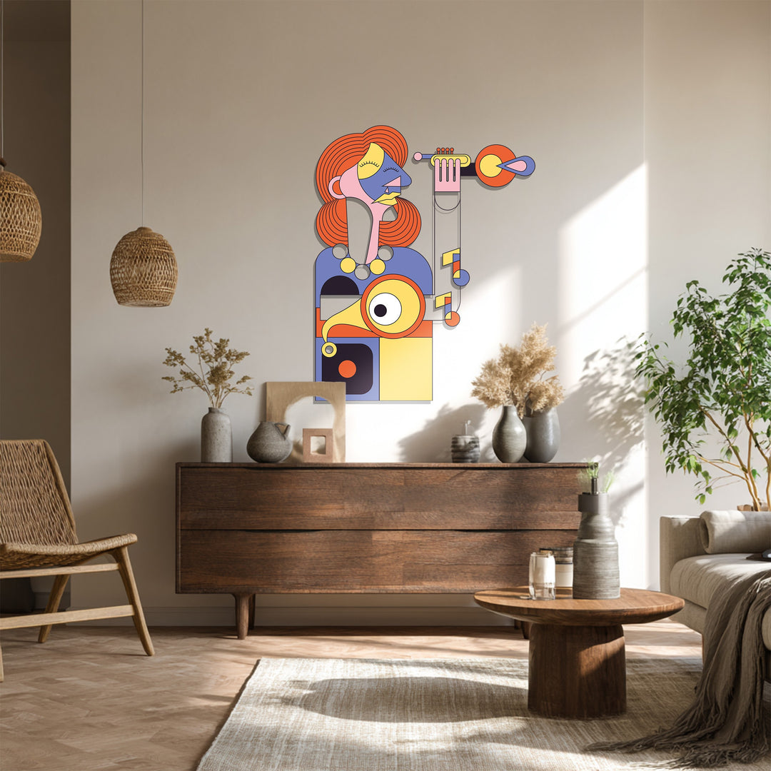 Cubist Woman with Trumpet Metal Wall Art – Abstract Musical Expression Decor