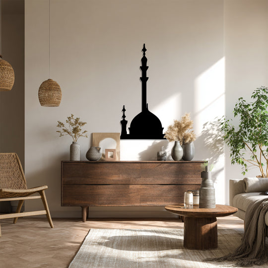 Illuminated by the brightest light, this elegant minaret silhouette decorative metal art offers minimal Islamic architectural decor.